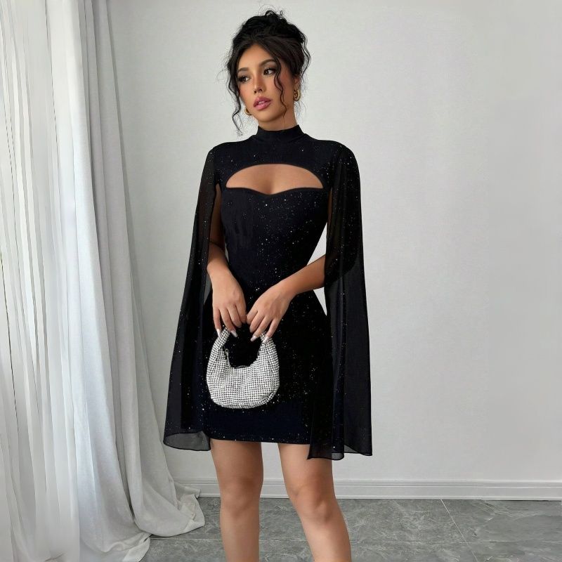 2025 New Euro-American Fashion Women's Dress - Round Neck Ribbed Texture Sequin-Embellished Chiffon Cape Hip-Hugging Evening Gown
