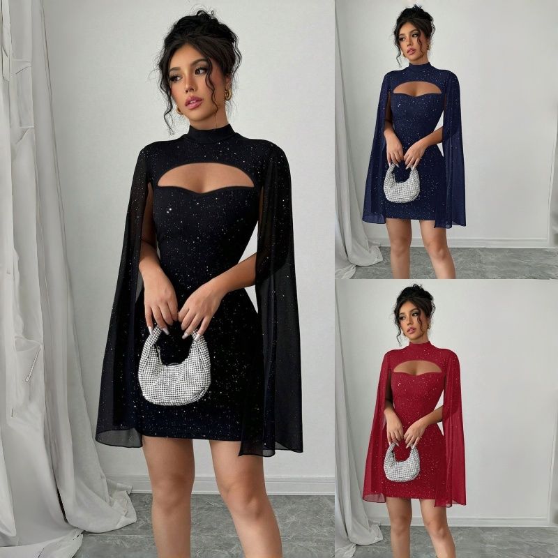 2025 New Euro-American Fashion Women's Dress - Round Neck Ribbed Texture Sequin-Embellished Chiffon Cape Hip-Hugging Evening Gown