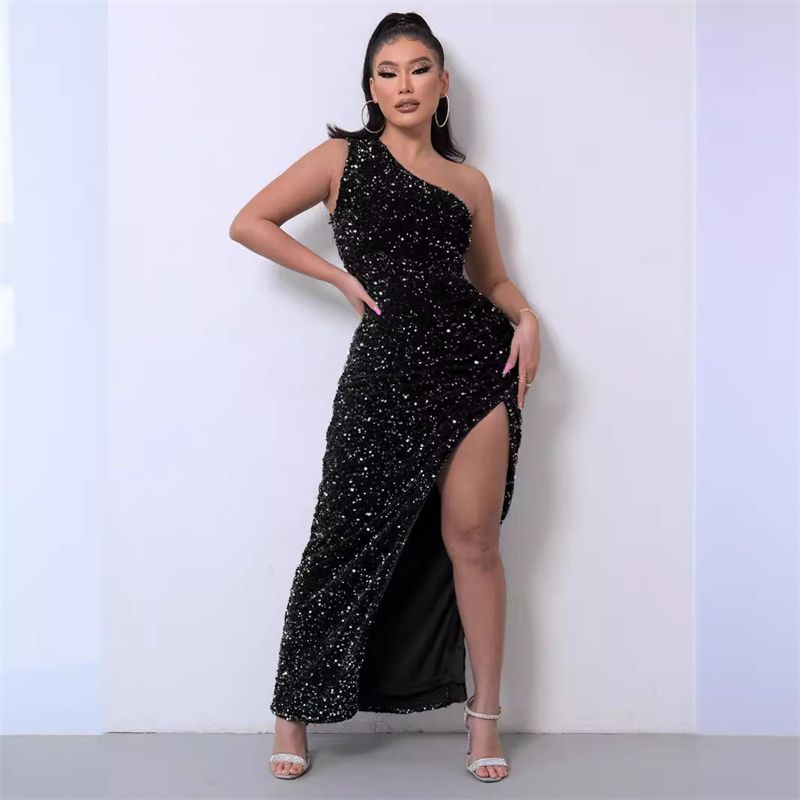 2025 New Fashion Women's Evening Dress Unique One-Shoulder Sleeveless Sequin High-Slit Banquet Gown Elegant Charming Maxi Dress