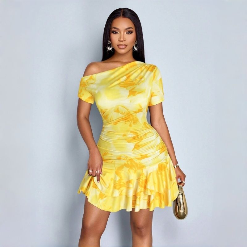 2025 New African Style Women's Dress Bodycon Printed Short-Sleeved One-Shoulder High-Waisted Midi Dress Hip-Hugging Elegant Pleated Chic Figure-Flattering Versatile Casual Banquet Dress