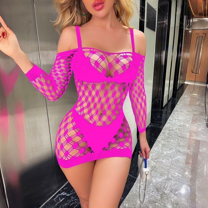 Euro-American Style Women's Sexy Lingerie Long-Sleeved Mesh Hollow Out Bodycon Sheer Dress Seductive Transparent No-Removal Nightwear Provocative Tight Fishnet Intimate Apparel