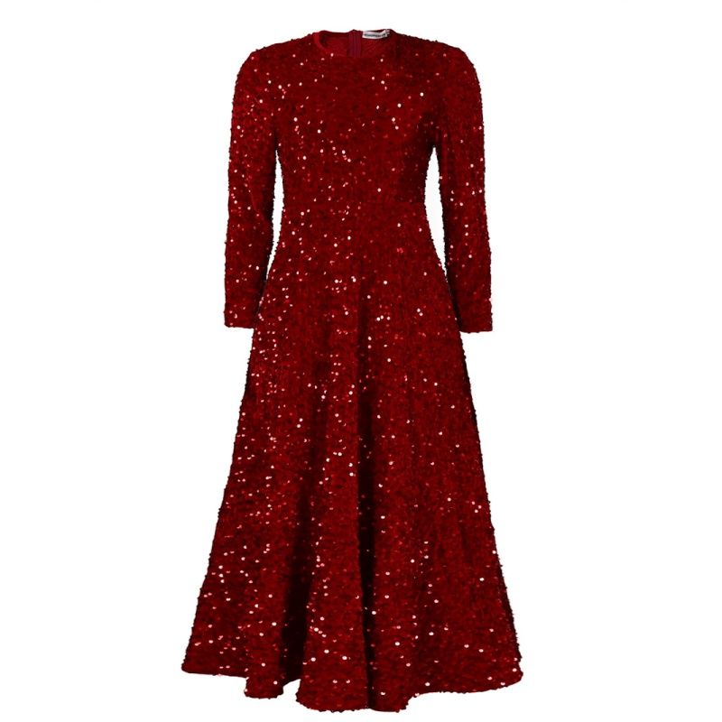 Euro-American Bestseller Women's Dress Crew Neck Long-Sleeved Solid Color Sequin High-Waist Elegant Midi Formal Dress Trendy Figure-Flattering Premium Party Gown