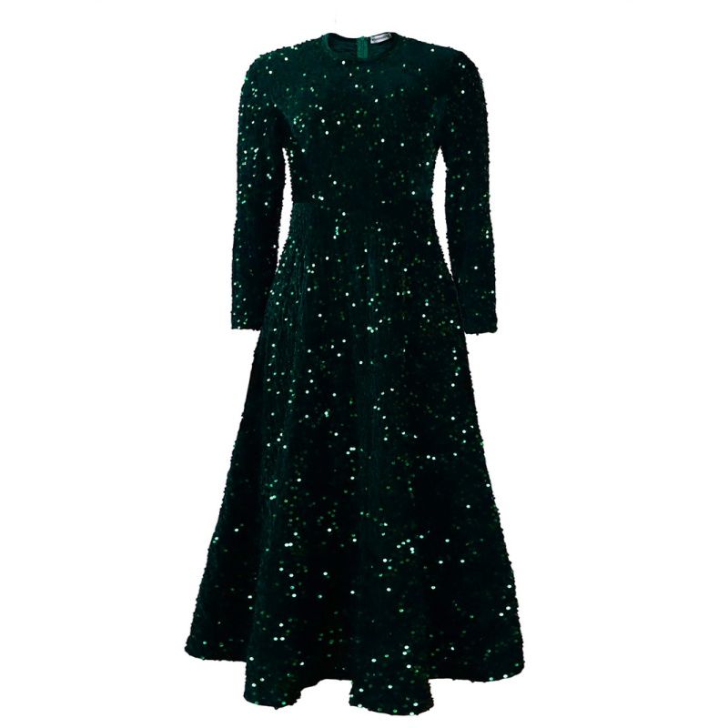 Euro-American Bestseller Women's Dress Crew Neck Long-Sleeved Solid Color Sequin High-Waist Elegant Midi Formal Dress Trendy Figure-Flattering Premium Party Gown