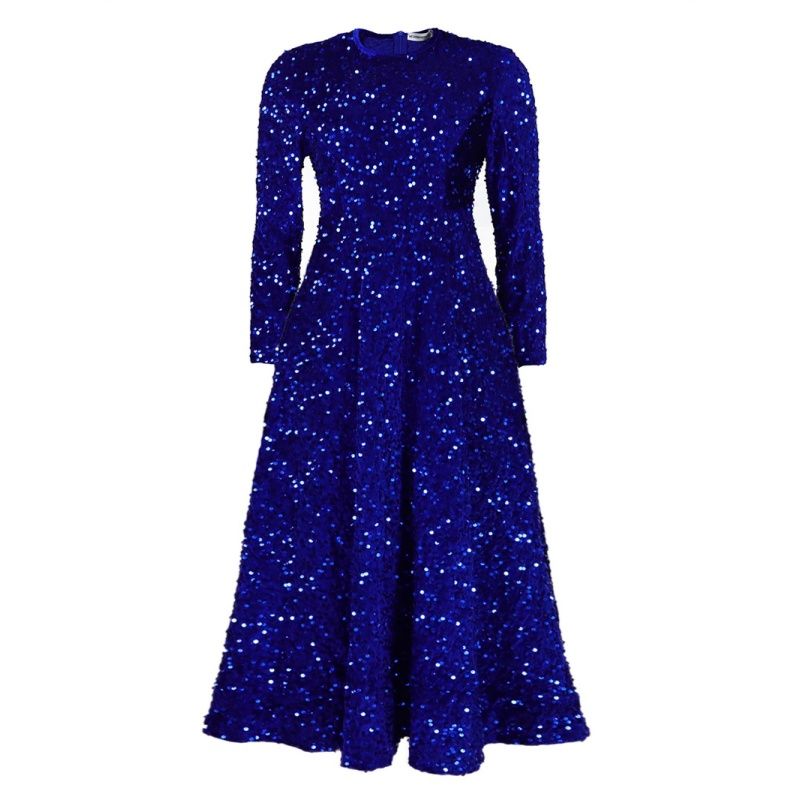 Euro-American Bestseller Women's Dress Crew Neck Long-Sleeved Solid Color Sequin High-Waist Elegant Midi Formal Dress Trendy Figure-Flattering Premium Party Gown