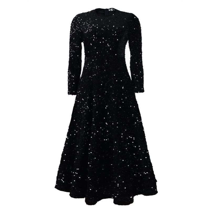Euro-American Bestseller Women's Dress Crew Neck Long-Sleeved Solid Color Sequin High-Waist Elegant Midi Formal Dress Trendy Figure-Flattering Premium Party Gown