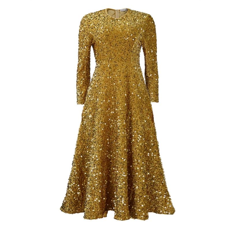 Euro-American Bestseller Women's Dress Crew Neck Long-Sleeved Solid Color Sequin High-Waist Elegant Midi Formal Dress Trendy Figure-Flattering Premium Party Gown
