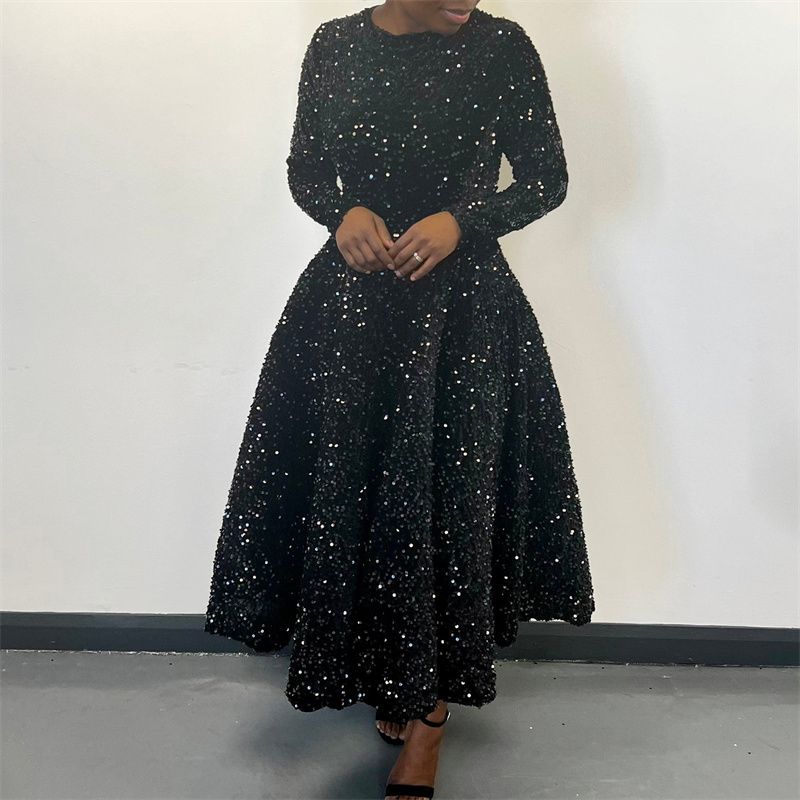 Euro-American Bestseller Women's Dress Crew Neck Long-Sleeved Solid Color Sequin High-Waist Elegant Midi Formal Dress Trendy Figure-Flattering Premium Party Gown