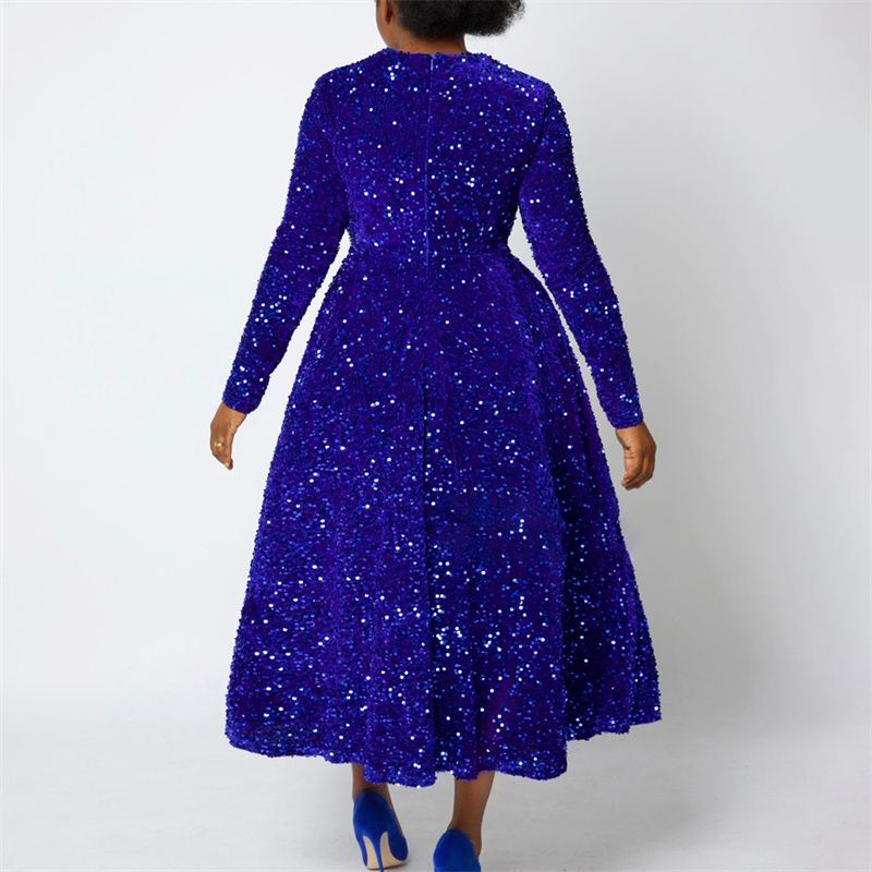 Euro-American Bestseller Women's Dress Crew Neck Long-Sleeved Solid Color Sequin High-Waist Elegant Midi Formal Dress Trendy Figure-Flattering Premium Party Gown