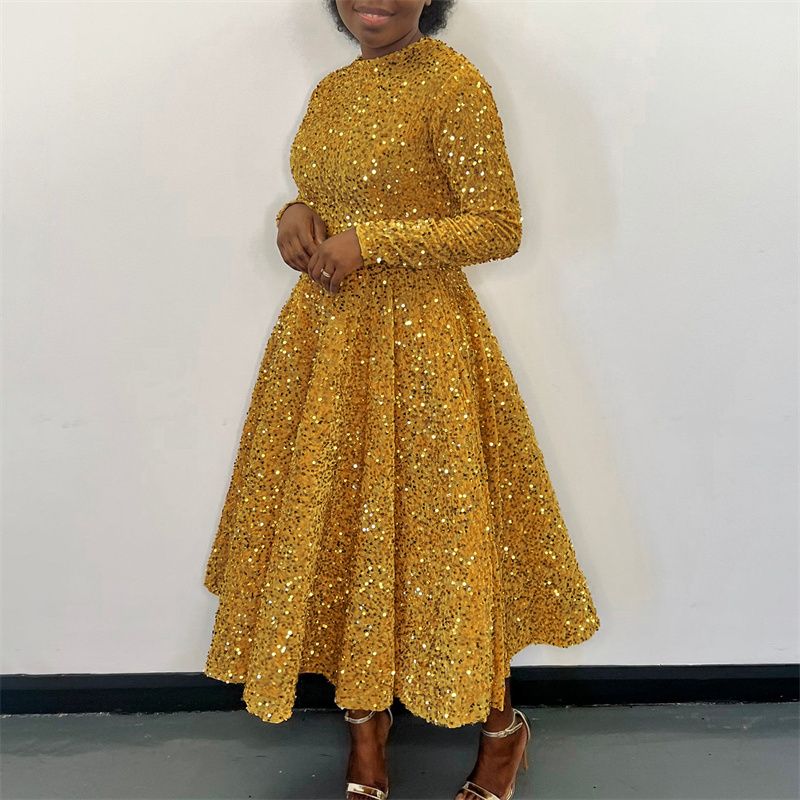 Euro-American Bestseller Women's Dress Crew Neck Long-Sleeved Solid Color Sequin High-Waist Elegant Midi Formal Dress Trendy Figure-Flattering Premium Party Gown