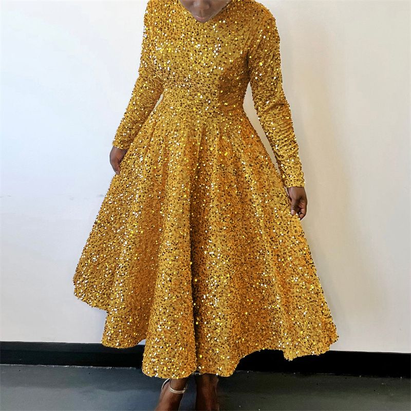 Euro-American Bestseller Women's Dress Crew Neck Long-Sleeved Solid Color Sequin High-Waist Elegant Midi Formal Dress Trendy Figure-Flattering Premium Party Gown