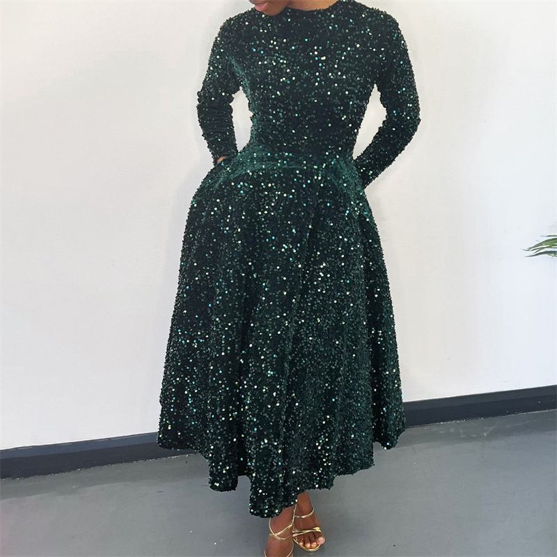 Euro-American Bestseller Women's Dress Crew Neck Long-Sleeved Solid Color Sequin High-Waist Elegant Midi Formal Dress Trendy Figure-Flattering Premium Party Gown