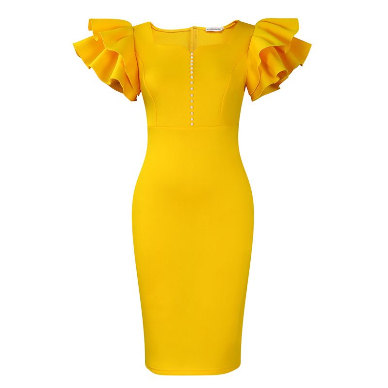 New Euro-American Fashion High-End Women's Dress Beaded Ruffled Sleeves Hip-Hugging Banquet Gown High-Waist Slim-Fitting Square Neck Pencil Dress Elegant African Style Formal Party Apparel