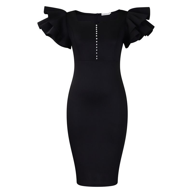 New Euro-American Fashion High-End Women's Dress Beaded Ruffled Sleeves Hip-Hugging Banquet Gown High-Waist Slim-Fitting Square Neck Pencil Dress Elegant African Style Formal Party Apparel