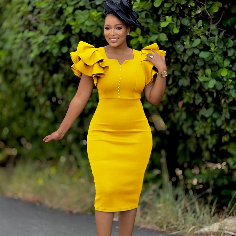 New Euro-American Fashion High-End Women's Dress Beaded Ruffled Sleeves Hip-Hugging Banquet Gown High-Waist Slim-Fitting Square Neck Pencil Dress Elegant African Style Formal Party Apparel
