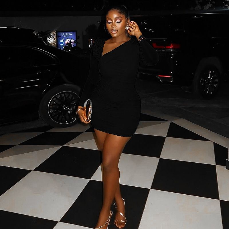 New Euro American Style Women's Solid Color Bodycon Mini Dress Long Sleeve Floral Detail Asymmetrical Neckline Sheer Seductive Slim Fit Hip Hugging Party Dress