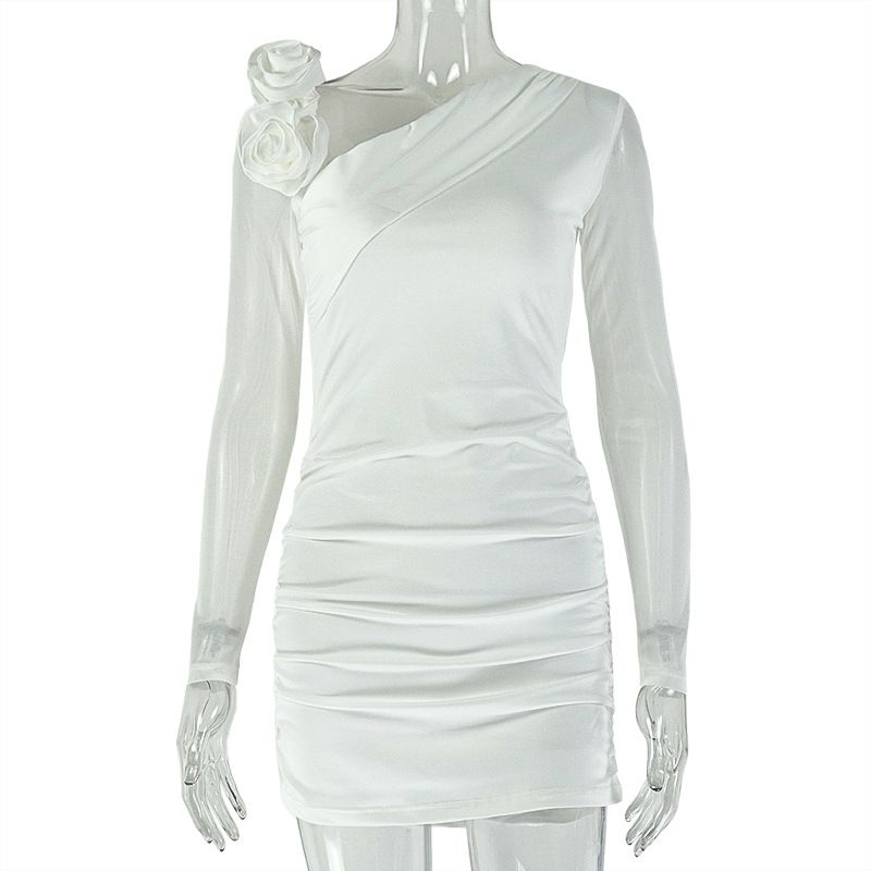 New Euro American Style Women's Solid Color Bodycon Mini Dress Long Sleeve Floral Detail Asymmetrical Neckline Sheer Seductive Slim Fit Hip Hugging Party Dress