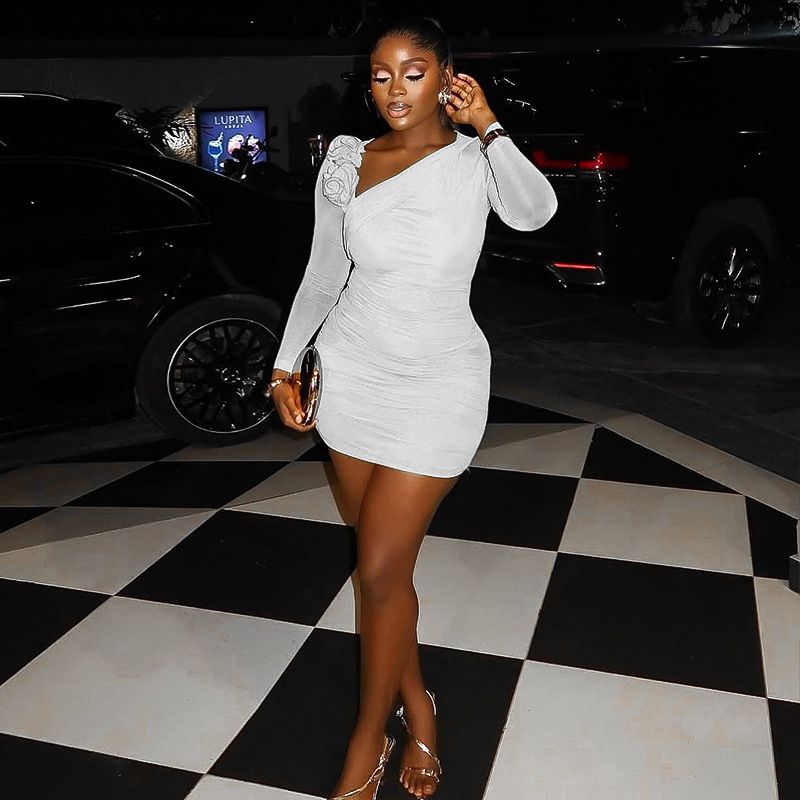 New Euro American Style Women's Solid Color Bodycon Mini Dress Long Sleeve Floral Detail Asymmetrical Neckline Sheer Seductive Slim Fit Hip Hugging Party Dress