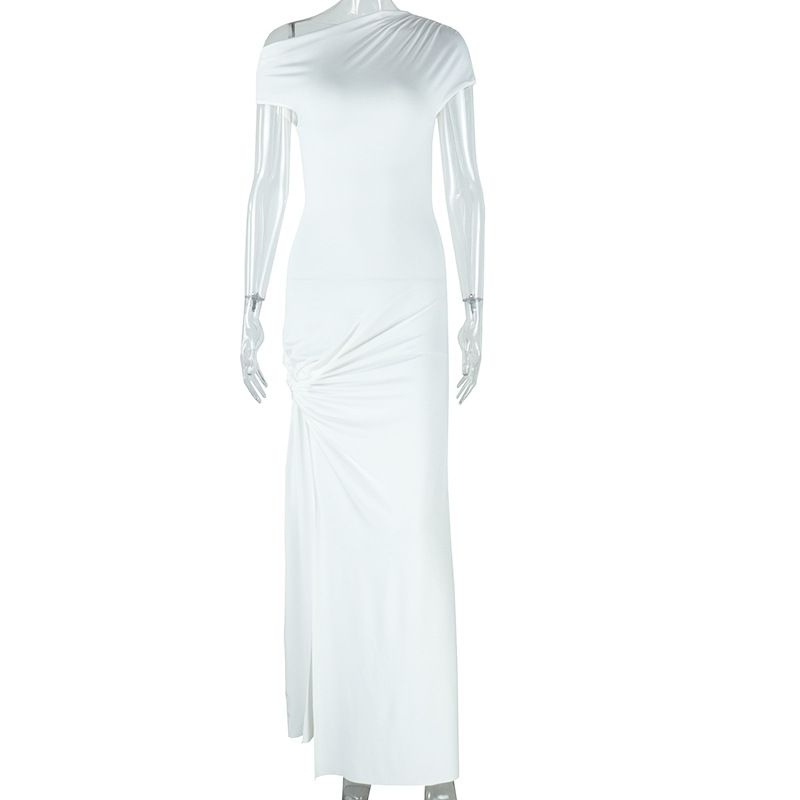 New Euro American INS Style Women's Solid Color Maxi Dress Asymmetrical Neck Short Sleeve Seductive Irregular Slit Elegant Evening Gown Formal Party Wear