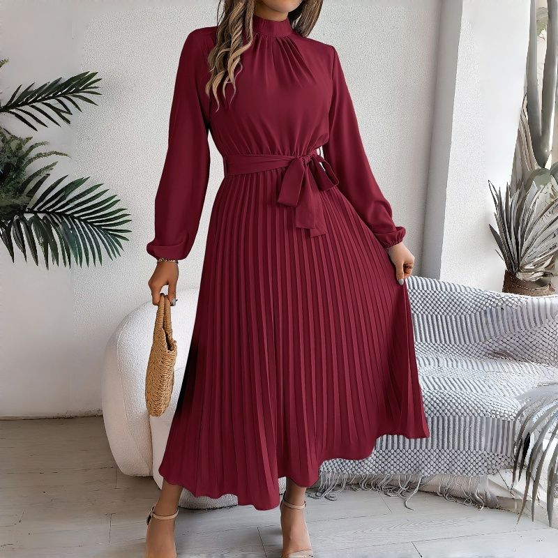 African Bestseller Trendy Elegant Women's Long Sleeve Maxi Dress Stand Collar High Waist Pleated Winter Fall Office Evening Party Versatile Classy Formal Gown