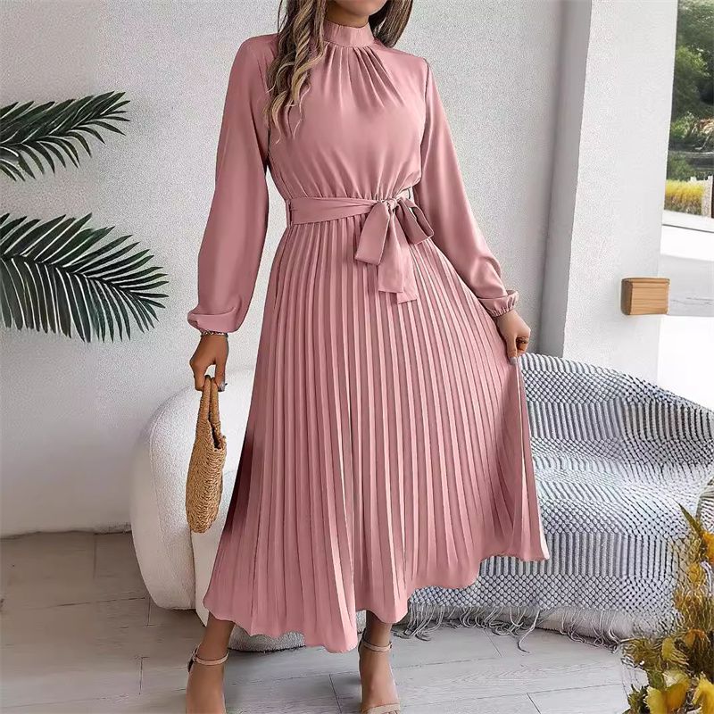 African Bestseller Trendy Elegant Women's Long Sleeve Maxi Dress Stand Collar High Waist Pleated Winter Fall Office Evening Party Versatile Classy Formal Gown