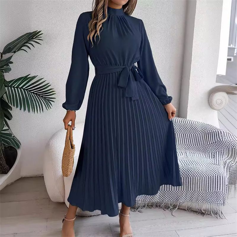 African Bestseller Trendy Elegant Women's Long Sleeve Maxi Dress Stand Collar High Waist Pleated Winter Fall Office Evening Party Versatile Classy Formal Gown