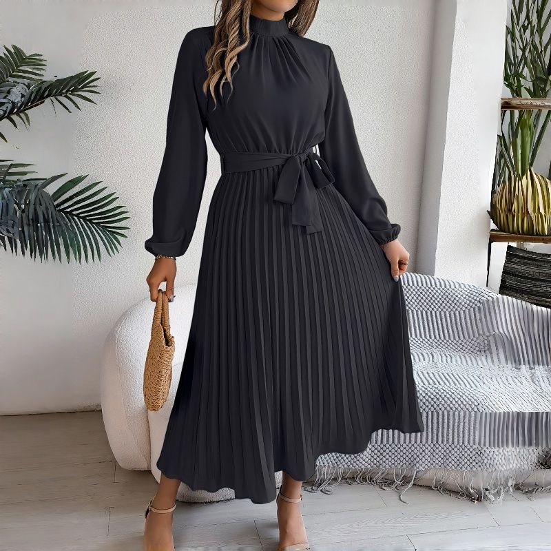 African Bestseller Trendy Elegant Women's Long Sleeve Maxi Dress Stand Collar High Waist Pleated Winter Fall Office Evening Party Versatile Classy Formal Gown