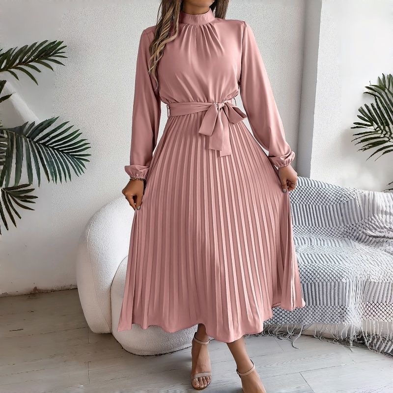 African Bestseller Trendy Elegant Women's Long Sleeve Maxi Dress Stand Collar High Waist Pleated Winter Fall Office Evening Party Versatile Classy Formal Gown