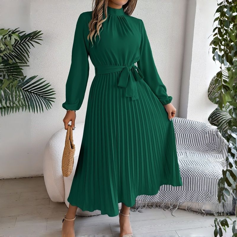 African Bestseller Trendy Elegant Women's Long Sleeve Maxi Dress Stand Collar High Waist Pleated Winter Fall Office Evening Party Versatile Classy Formal Gown