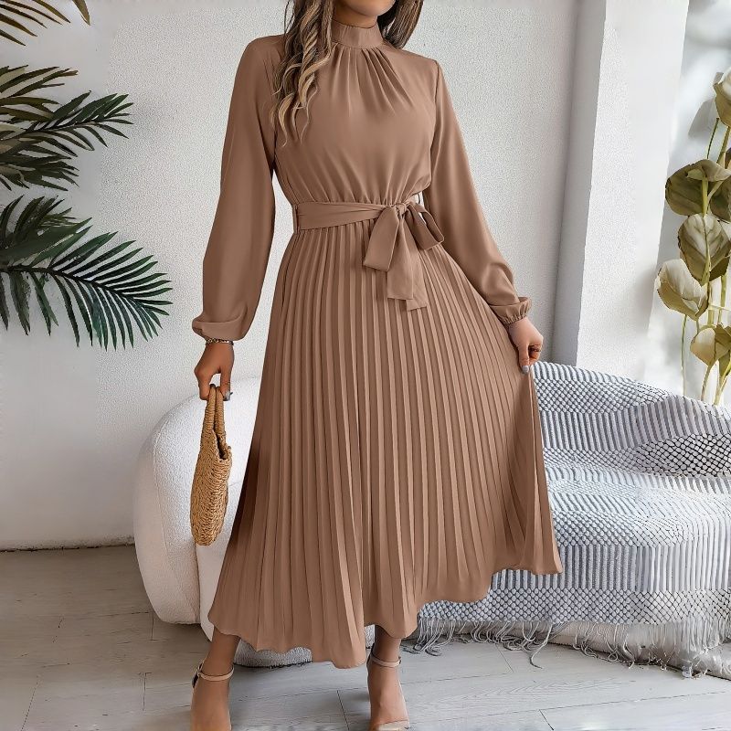 African Bestseller Trendy Elegant Women's Long Sleeve Maxi Dress Stand Collar High Waist Pleated Winter Fall Office Evening Party Versatile Classy Formal Gown