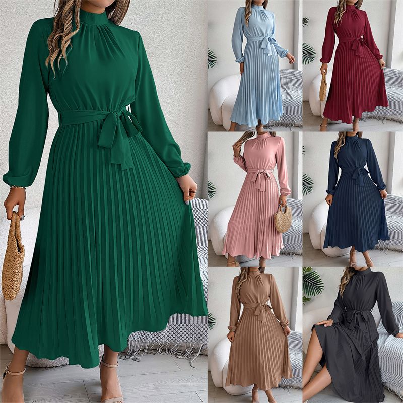African Bestseller Trendy Elegant Women's Long Sleeve Maxi Dress Stand Collar High Waist Pleated Winter Fall Office Evening Party Versatile Classy Formal Gown