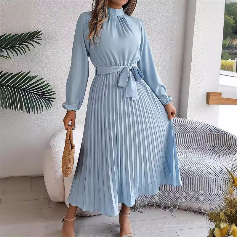 African Bestseller Trendy Elegant Women's Long Sleeve Maxi Dress Stand Collar High Waist Pleated Winter Fall Office Evening Party Versatile Classy Formal Gown