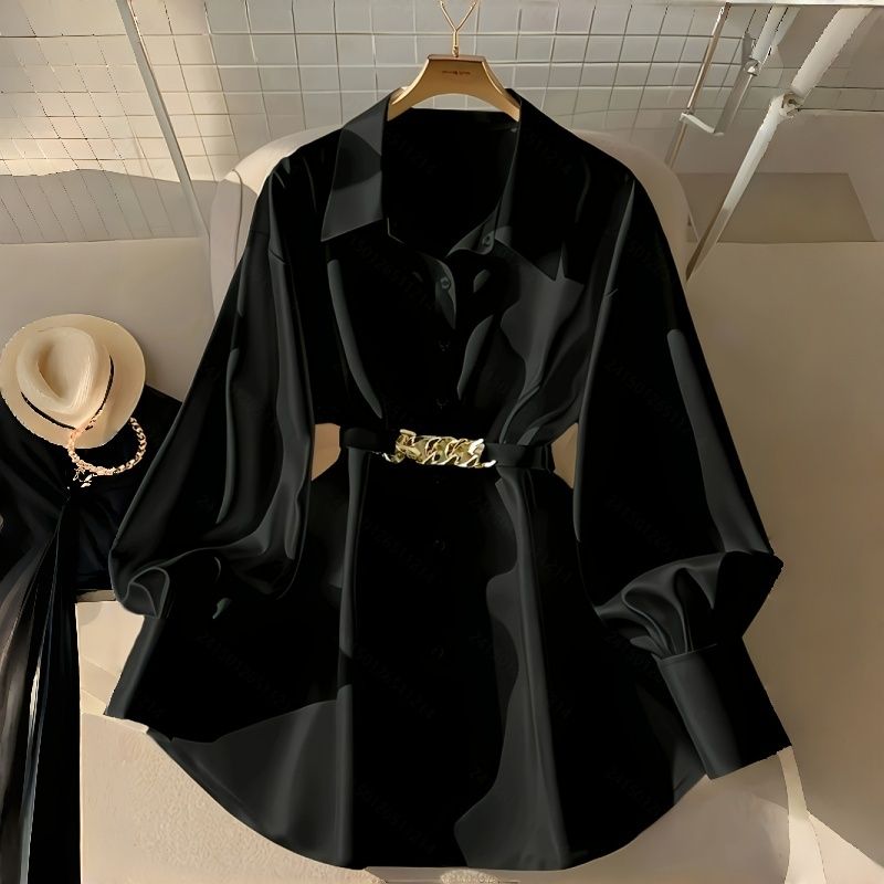 New Fashion Women's Shirt Soft Oversized Long Sleeve Turn-Down Collar Lantern Sleeves Blouses with Metal Chain Waist Belt Stylish Design Versatile Breathable Top for African Women Daily Office Wear