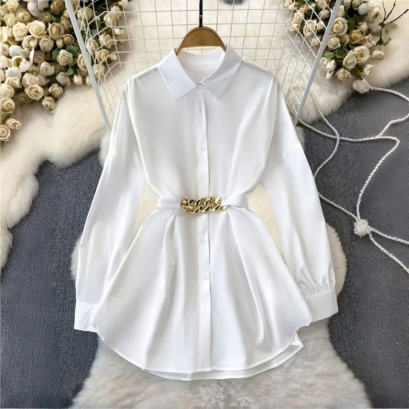 New Fashion Women's Shirt Soft Oversized Long Sleeve Turn-Down Collar Lantern Sleeves Blouses with Metal Chain Waist Belt Stylish Design Versatile Breathable Top for African Women Daily Office Wear