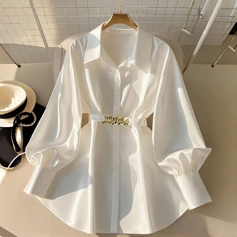 New Fashion Women's Shirt Soft Oversized Long Sleeve Turn-Down Collar Lantern Sleeves Blouses with Metal Chain Waist Belt Stylish Design Versatile Breathable Top for African Women Daily Office Wear