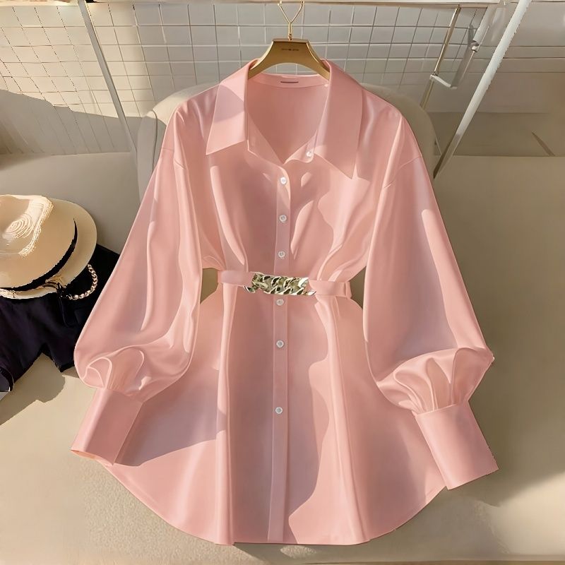 New Fashion Women's Shirt Soft Oversized Long Sleeve Turn-Down Collar Lantern Sleeves Blouses with Metal Chain Waist Belt Stylish Design Versatile Breathable Top for African Women Daily Office Wear
