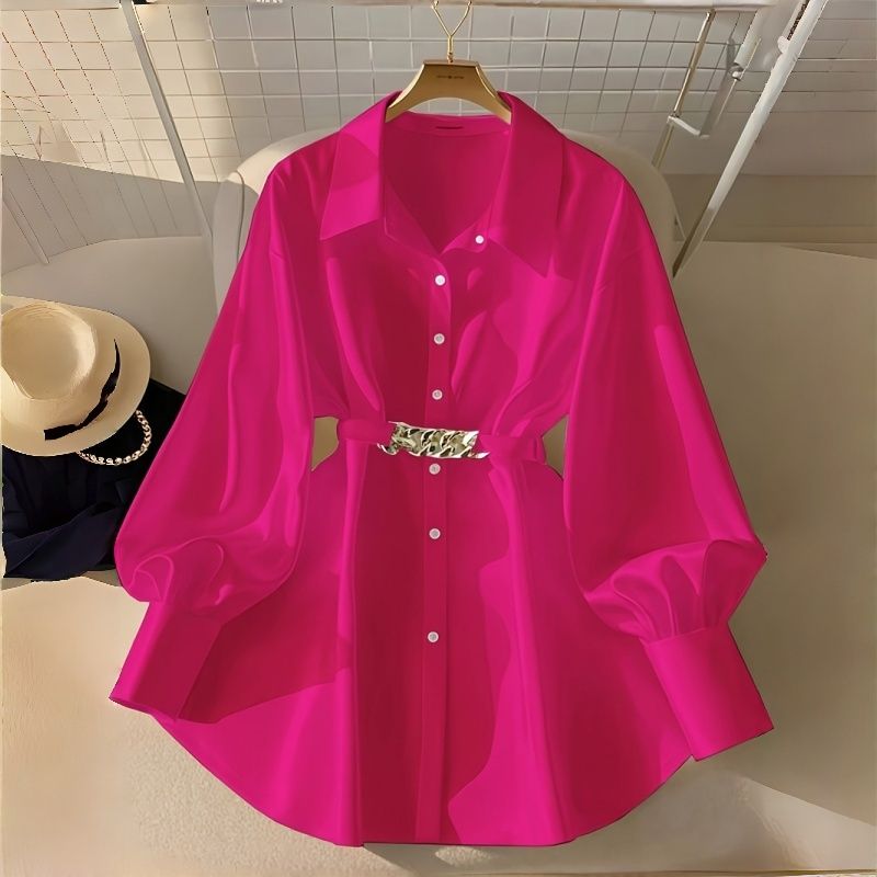 New Fashion Women's Shirt Soft Oversized Long Sleeve Turn-Down Collar Lantern Sleeves Blouses with Metal Chain Waist Belt Stylish Design Versatile Breathable Top for African Women Daily Office Wear