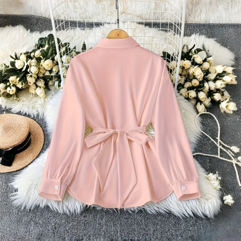 New Fashion Women's Shirt Soft Oversized Long Sleeve Turn-Down Collar Lantern Sleeves Blouses with Metal Chain Waist Belt Stylish Design Versatile Breathable Top for African Women Daily Office Wear