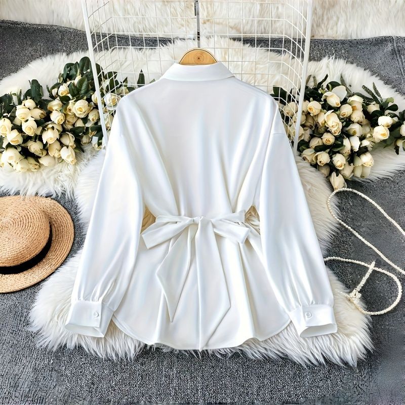 New Fashion Women's Shirt Soft Oversized Long Sleeve Turn-Down Collar Lantern Sleeves Blouses with Metal Chain Waist Belt Stylish Design Versatile Breathable Top for African Women Daily Office Wear