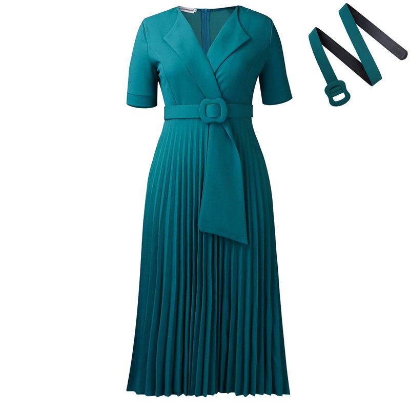 Euro-American Style Women's Plus Size Midi Dress Short Sleeve Blazer V-Neck High Waist Pleated Skirt with Included Belt Trendy Elegant Dress for African Women Business Casual Daily Wear
