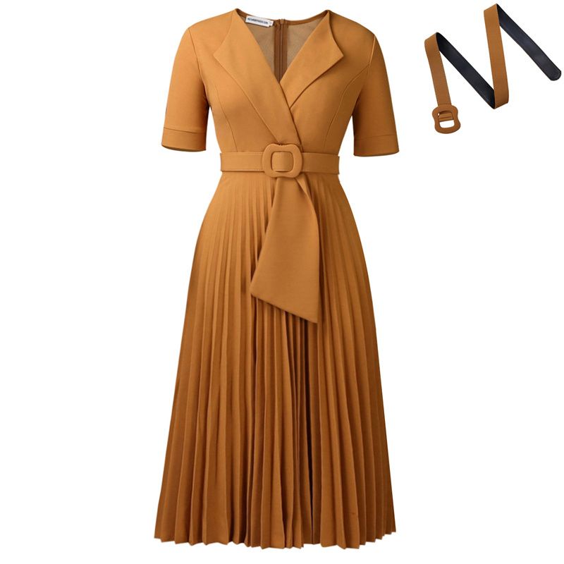 Euro-American Style Women's Plus Size Midi Dress Short Sleeve Blazer V-Neck High Waist Pleated Skirt with Included Belt Trendy Elegant Dress for African Women Business Casual Daily Wear