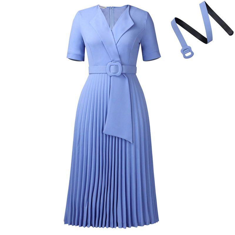 Euro-American Style Women's Plus Size Midi Dress Short Sleeve Blazer V-Neck High Waist Pleated Skirt with Included Belt Trendy Elegant Dress for African Women Business Casual Daily Wear