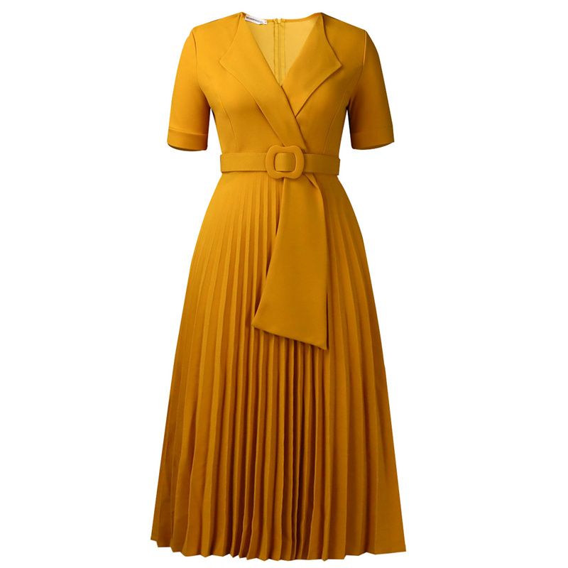 Euro-American Style Women's Plus Size Midi Dress Short Sleeve Blazer V-Neck High Waist Pleated Skirt with Included Belt Trendy Elegant Dress for African Women Business Casual Daily Wear