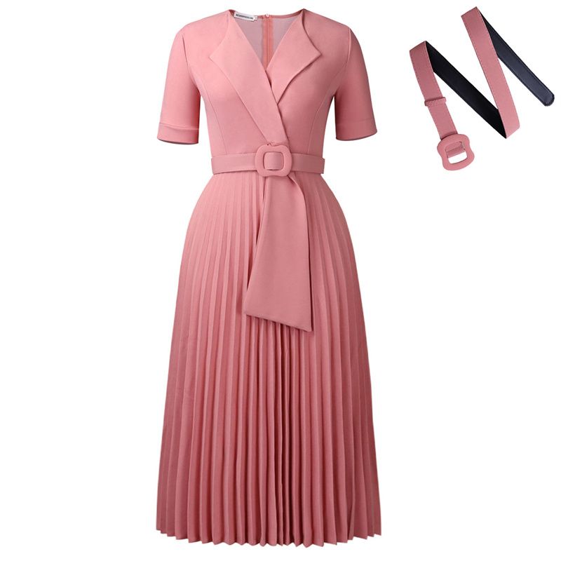 Euro-American Style Women's Plus Size Midi Dress Short Sleeve Blazer V-Neck High Waist Pleated Skirt with Included Belt Trendy Elegant Dress for African Women Business Casual Daily Wear