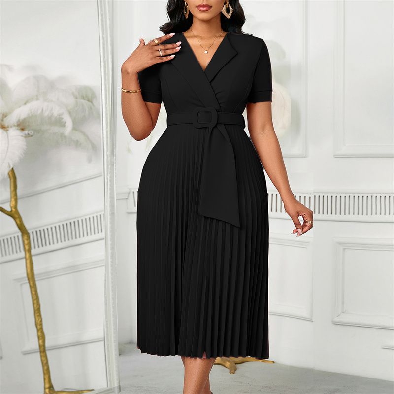 Euro-American Style Women's Plus Size Midi Dress Short Sleeve Blazer V-Neck High Waist Pleated Skirt with Included Belt Trendy Elegant Dress for African Women Business Casual Daily Wear