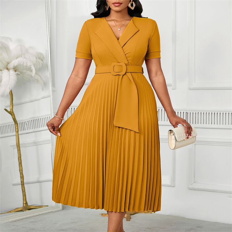 Euro-American Style Women's Plus Size Midi Dress Short Sleeve Blazer V-Neck High Waist Pleated Skirt with Included Belt Trendy Elegant Dress for African Women Business Casual Daily Wear