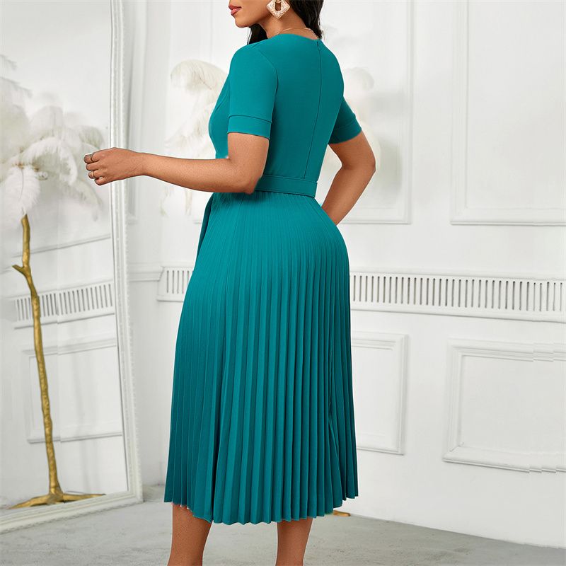 Euro-American Style Women's Plus Size Midi Dress Short Sleeve Blazer V-Neck High Waist Pleated Skirt with Included Belt Trendy Elegant Dress for African Women Business Casual Daily Wear