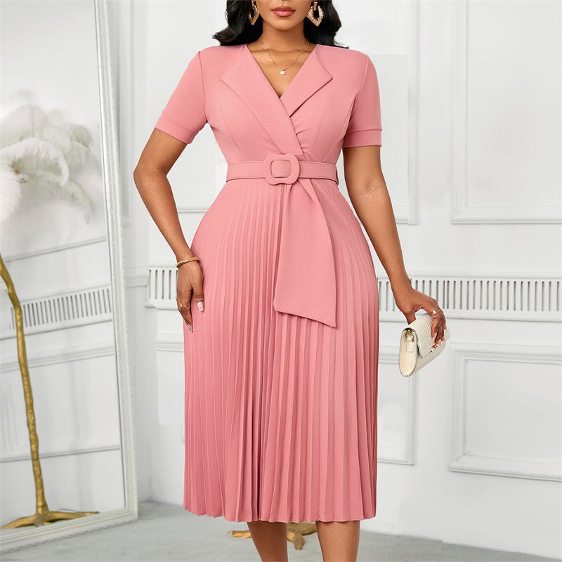 Euro-American Style Women's Plus Size Midi Dress Short Sleeve Blazer V-Neck High Waist Pleated Skirt with Included Belt Trendy Elegant Dress for African Women Business Casual Daily Wear