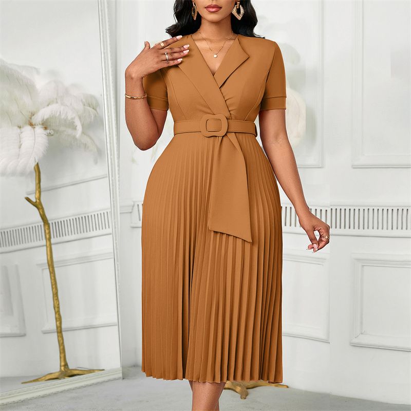 Euro-American Style Women's Plus Size Midi Dress Short Sleeve Blazer V-Neck High Waist Pleated Skirt with Included Belt Trendy Elegant Dress for African Women Business Casual Daily Wear