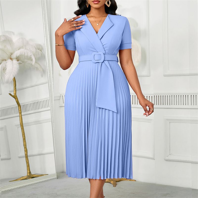 Euro-American Style Women's Plus Size Midi Dress Short Sleeve Blazer V-Neck High Waist Pleated Skirt with Included Belt Trendy Elegant Dress for African Women Business Casual Daily Wear