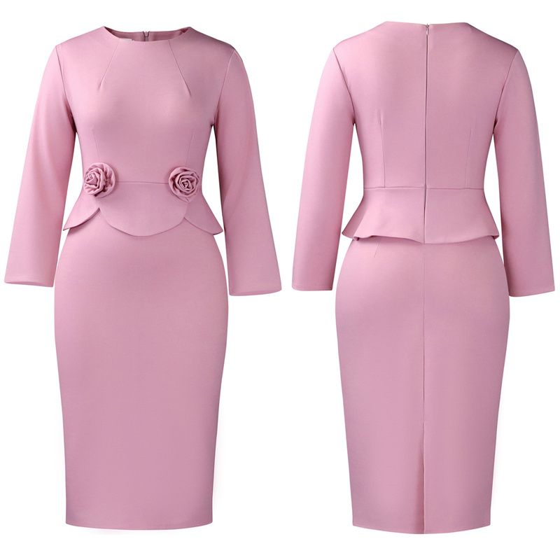 2025 Fall/Winter New Women's Elegant Solid Color Dress Round Neck Long Sleeve Slim-Fit Midi Pencil Skirt Peplum Waist with 3D Flower Embellishments Fashion Dress for Business Casual Daily Wear